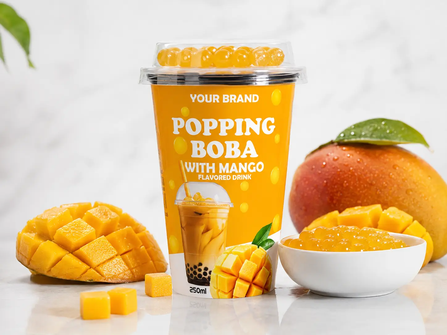 BUBBLE TEA mango popping boba flavored drink in a 250ml cup.